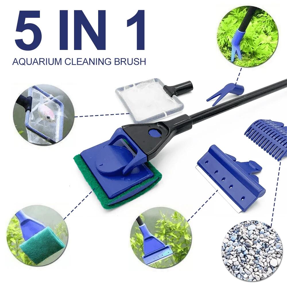 Aquarium Plant Gravel - 5in1水槽清掃ツール 植物フォーク スプーン ネット スポンジブラシ 砂利レーキ