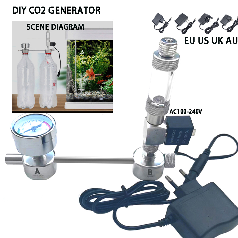Aquarium Plant No Co2 - 水槽DIY CO2発生器システムキット CO2発生器、ソレノイドバルブ付きバブルカウンターディフューザー、水生植物の成長用